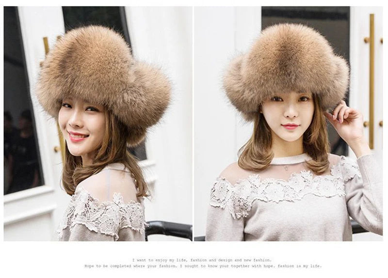 2025 100% Real Fox Fur Hats Women's Russian Ushanka Aviator Trapper Snow Skiing Hat Caps Earflap Winter Raccoon Fur Bomber Hat