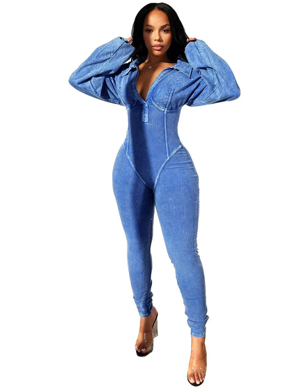 Women's Clothing 2025 Spring Summer New Fashion Bubble Sleeves Sexy Deep V Tight Waist Casual Long Sleeved Jumpsuit Pants