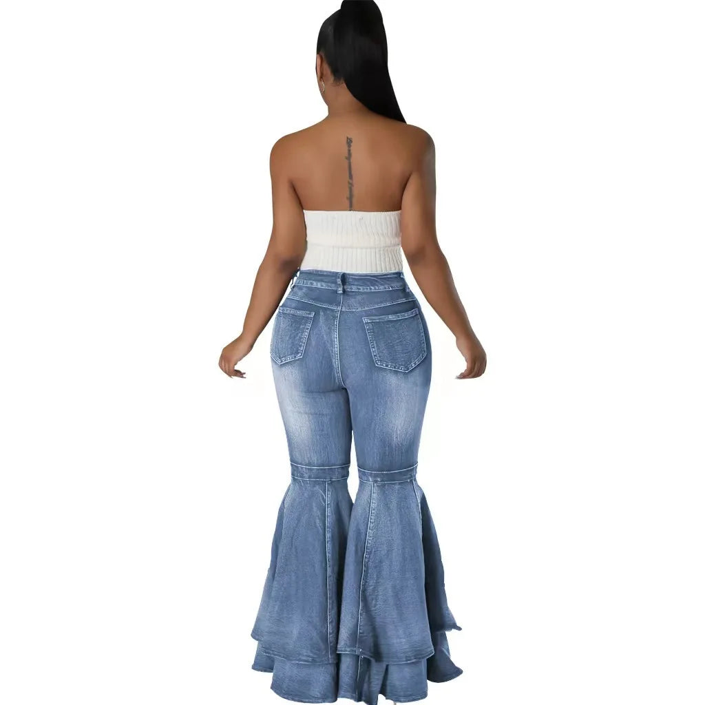 Fashion Versatile Wide Leg Washed Denim Stretch Flared Pants Women