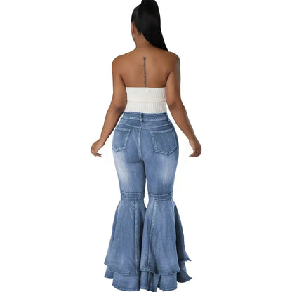 Fashion Versatile Wide Leg Washed Denim Stretch Flared Pants Women