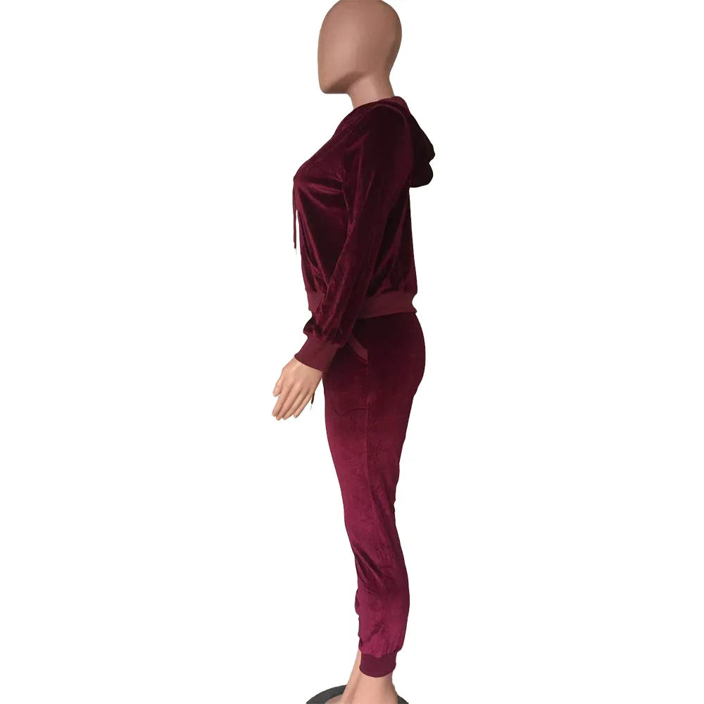 Women Pant Sets Comfortable Velvet Matching Sets Two Piece Set Autumn Loose Zipper Hoodie Jacket Elastic Waist Skinny Pants Sets