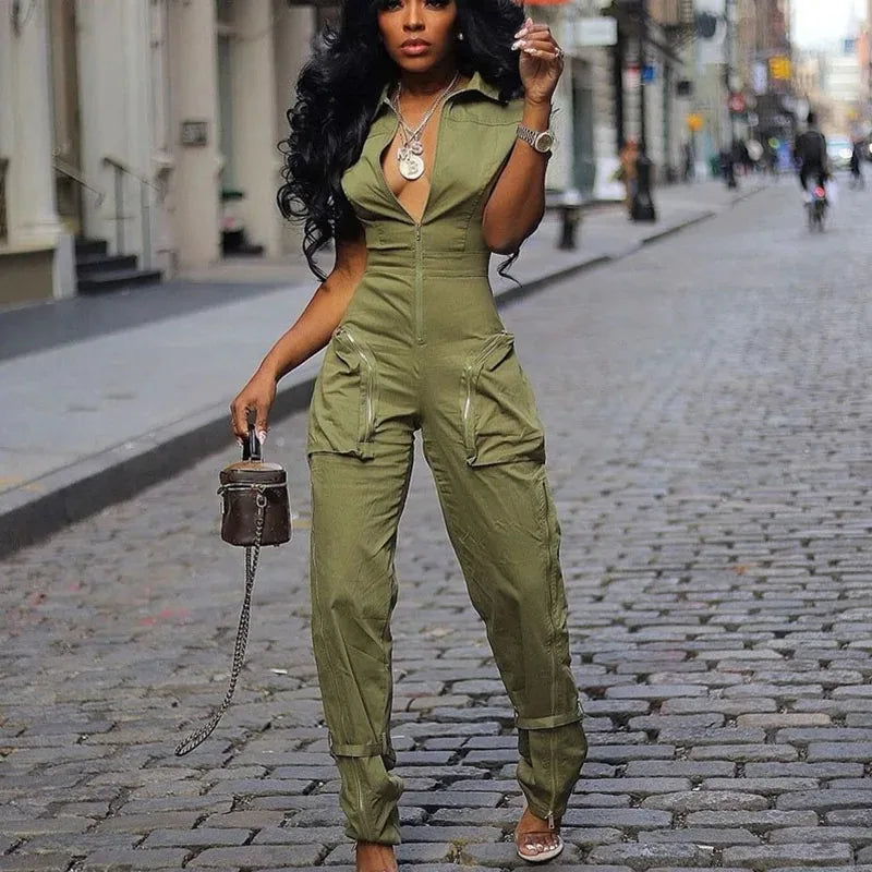 Streetwear Front Zipper Turn-down Collar Cargo Jumpsuit Women Short Sleeve Multiple Pockets One Pieces Romper Casual Overalls
