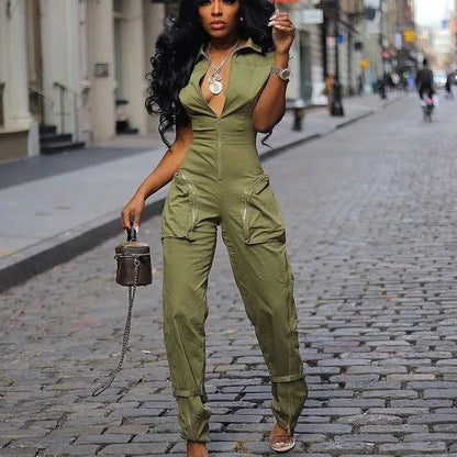 Streetwear Front Zipper Turn-down Collar Cargo Jumpsuit Women Short Sleeve Multiple Pockets One Pieces Romper Casual Overalls