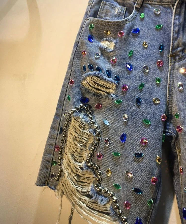 Diamond Beaded Denim Knee Length pants Woman 2025 Summer New Loose High Waist Slimming mid-pants Jeans women