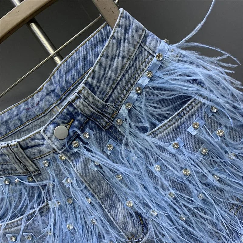 2025 Summer New Personalized Tassel Inlaid Diamond Wash Light Blue Denim Shorts Women's Streetwear Fashion Short Hot Pants