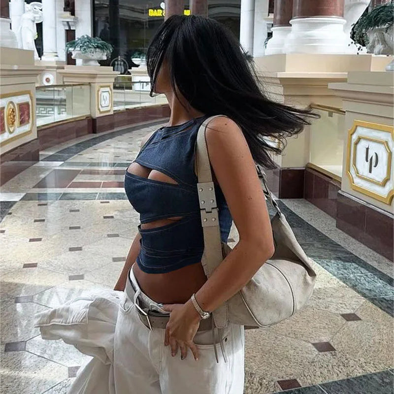 Women's Sleeveless Round Neck Vest Summer Solid Color Hollow Slim Vest Top Fashion Sexy Streetwear Women's Slim Vest Top