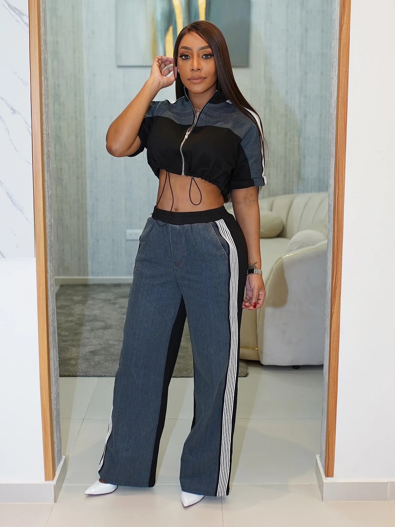 Pant Set Women Two Piece Sets Denim Matching Sets Jogger Tracksuit Matching Sets Zipper Tops Wide Leg Long Pants Elastic Waist