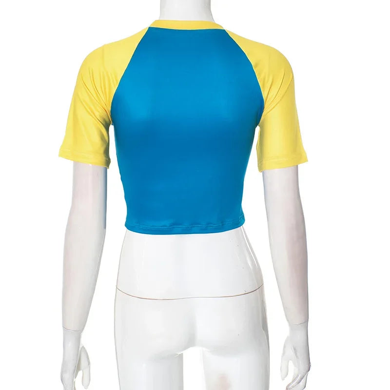 XIZOU Letter Print Y2K Crop Tops Women o-Neck Patchwork Color Summer Trend Skinny Shorts Sleeve Casual Sporty Street Tops