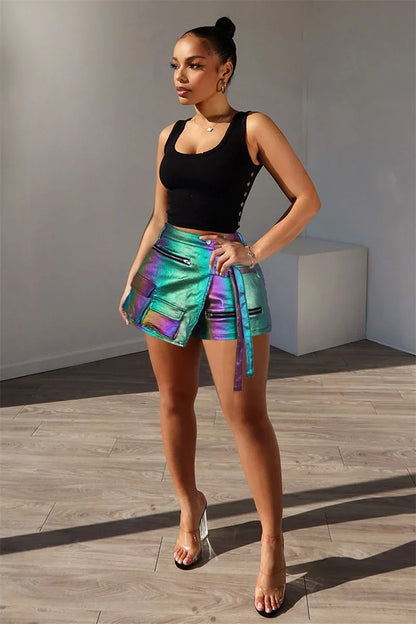 Shiny Metallic Irregular Shorts Skirts Women Y2K Clothing High Waist Button Fly Pockets Party Club Birthday Pantalones Cortos