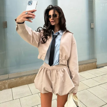 Tuularose Women's 2 Piece Fashion Lapel Zip Jacket Pleated Shorts Skirt Vintage Streetwear New Party  Autumn Female Short Sets