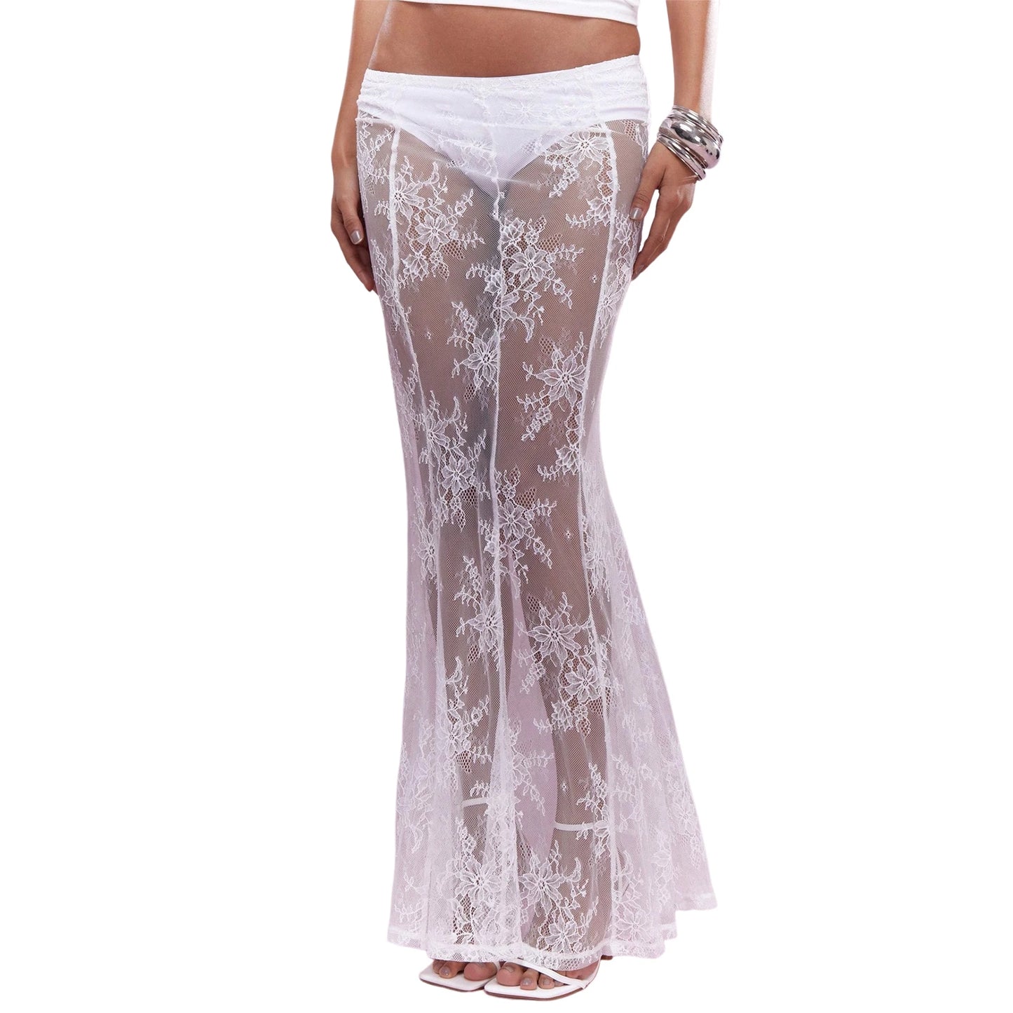 Women's Summer Sheer Lace Skirt Trendy Long Cocktail Skirt for Bar, Beach, Party