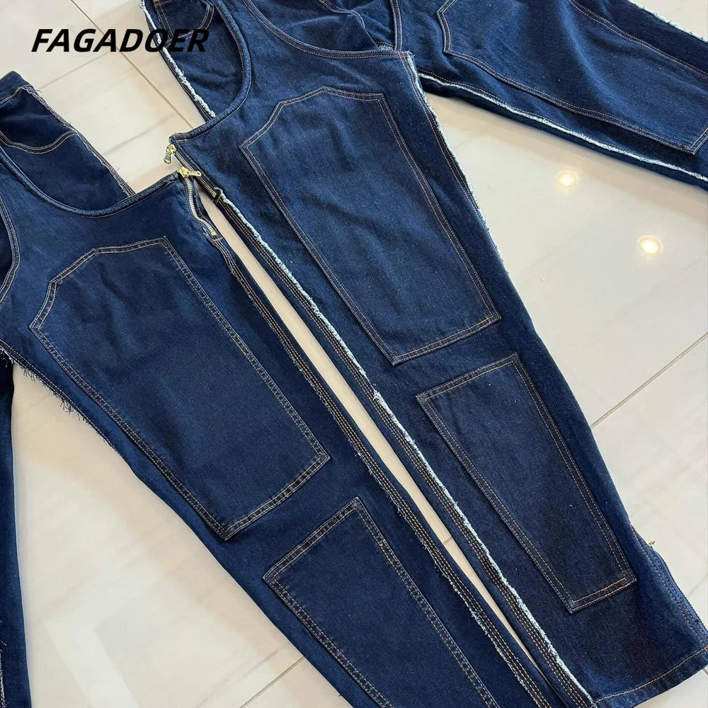 FAGADOER Hollow Out Sexy Denim Pants Women Irregular High Waist Cargo Patchwork Elasticity Jeans Hot Girl Y2k Streetwear Bottoms