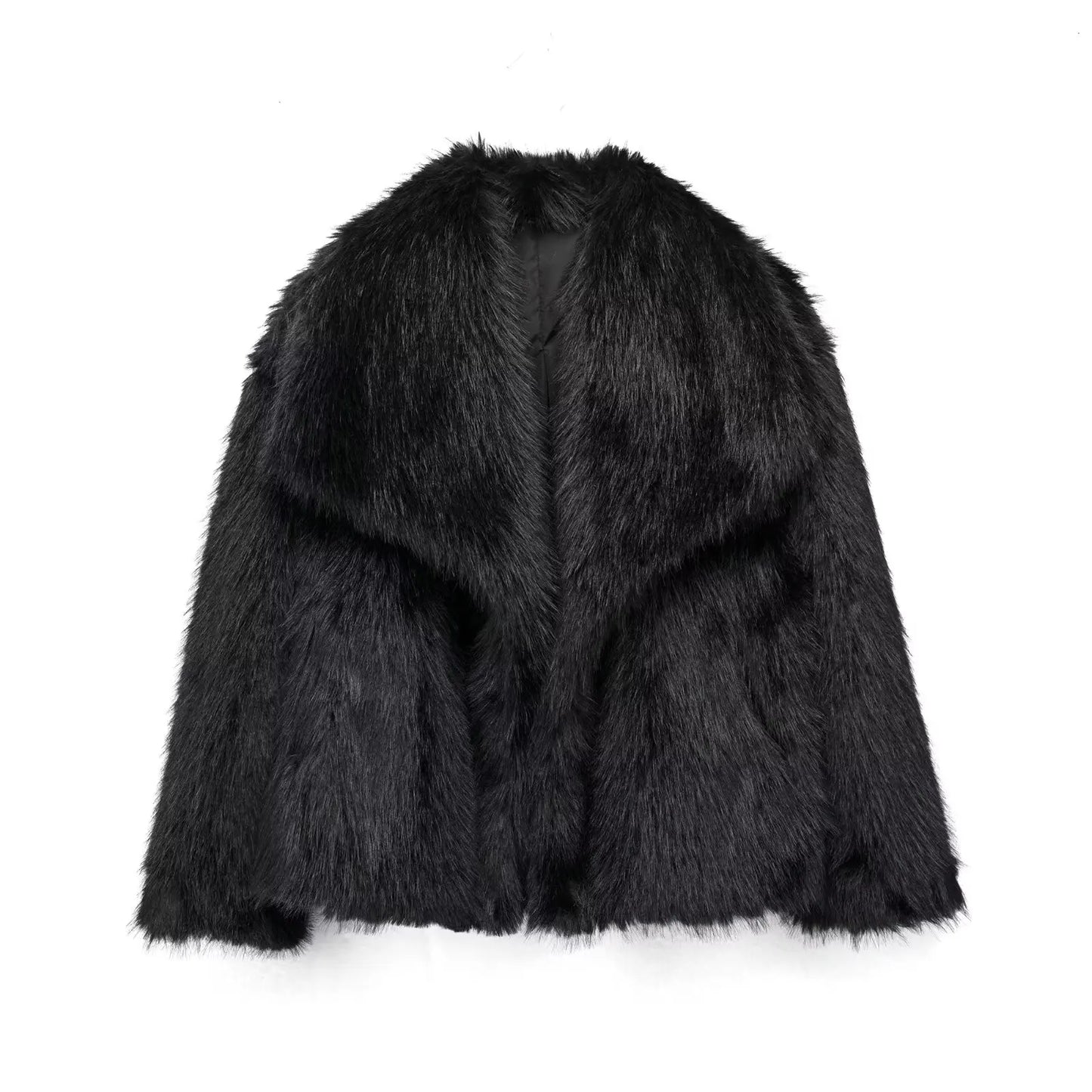 TRAFZA Female Vintage Artificial Fur Effect Coats Lapel Warm Plush Long Sleeves Hidden Buttons Autumn Winter Casual Outerwear