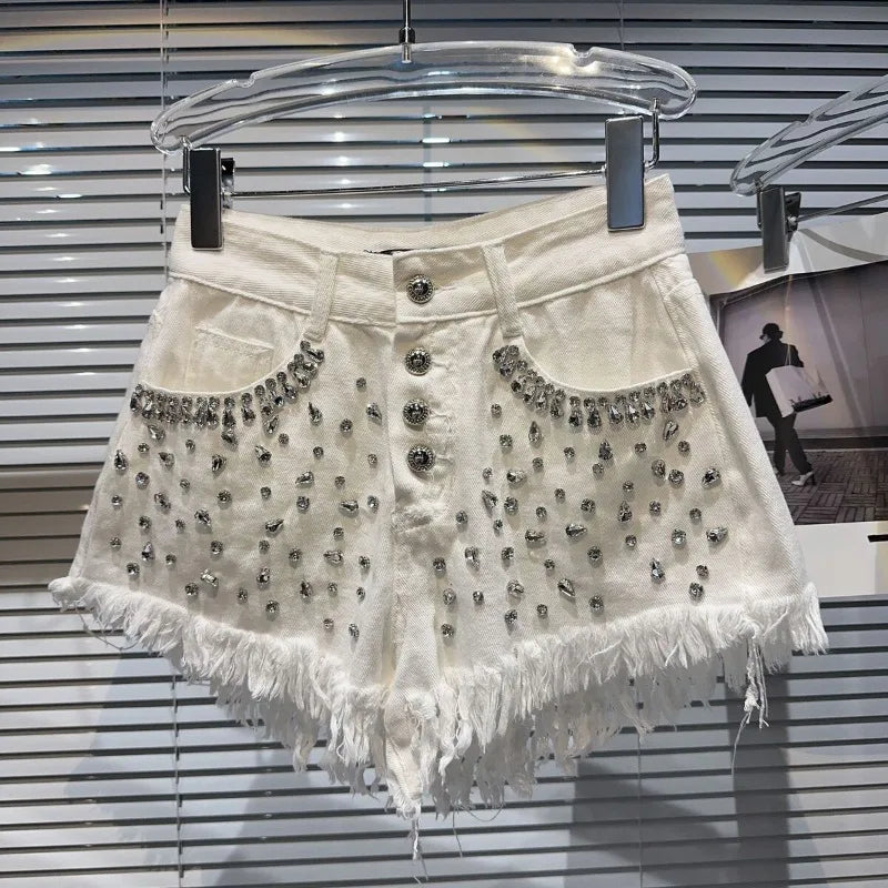 Matakawa Denim Shorts Mujer Beading Diamonds Tassels Spring Summer Women Pants Streetwear Solid Korean Fashion Pantalones Cortos