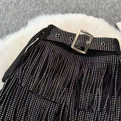 XFPV American Style Women's Shorts Summer Belt Gathered Waist Zipper Spliced Beading Tassel Shorts Female New Fashion 22D1803