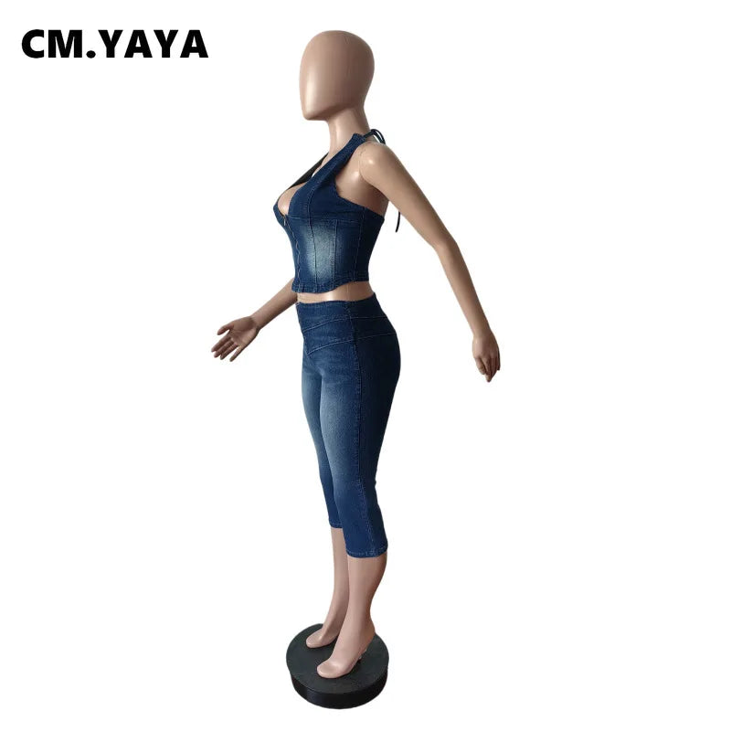 CM.YAYA Fashion ZIP Denim Women's Set sleeveless Crop Top and Calf Length Jeans Pants 2025 Two 2 Piece Sets Outfits Tracksuit