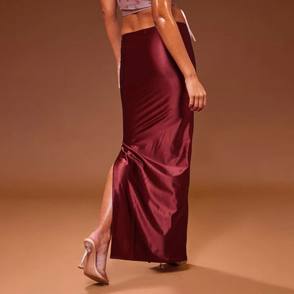CUTENOVA Stain Long Solid Color Skirt Elegant High Waist Side Split Maxi Skirts Party Sexy Clothes for Women Autumn 2024
