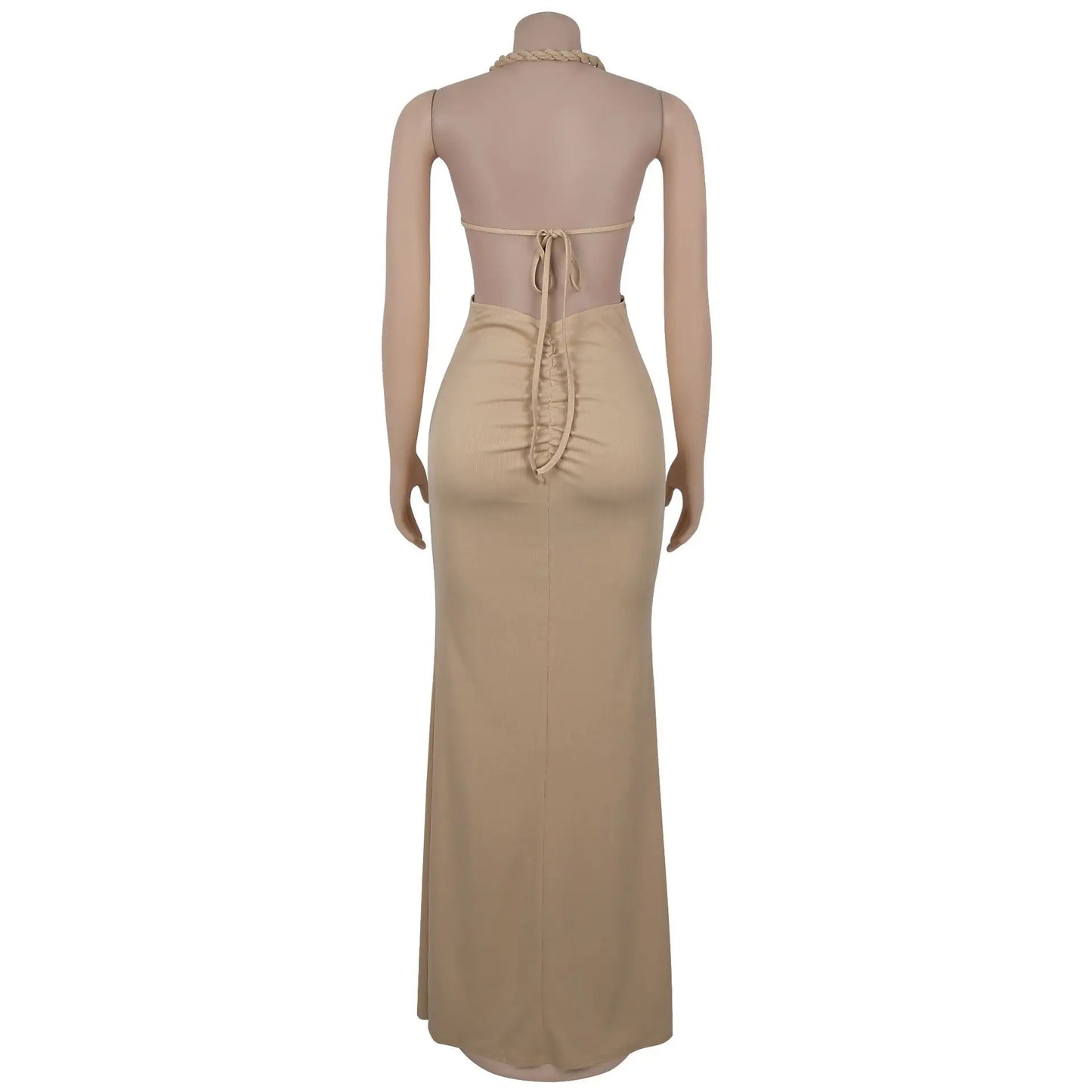 CM.YAYA Women Hemp Rope Halter Neck Stacked Ruched High Split Knit Bodycon Midi Maxi Long Dress 2025 Birthday Sexy Party Dresses