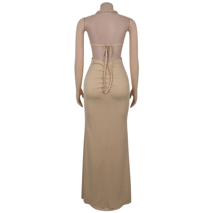 CM.YAYA Women Hemp Rope Halter Neck Stacked Ruched High Split Knit Bodycon Midi Maxi Long Dress 2025 Birthday Sexy Party Dresses