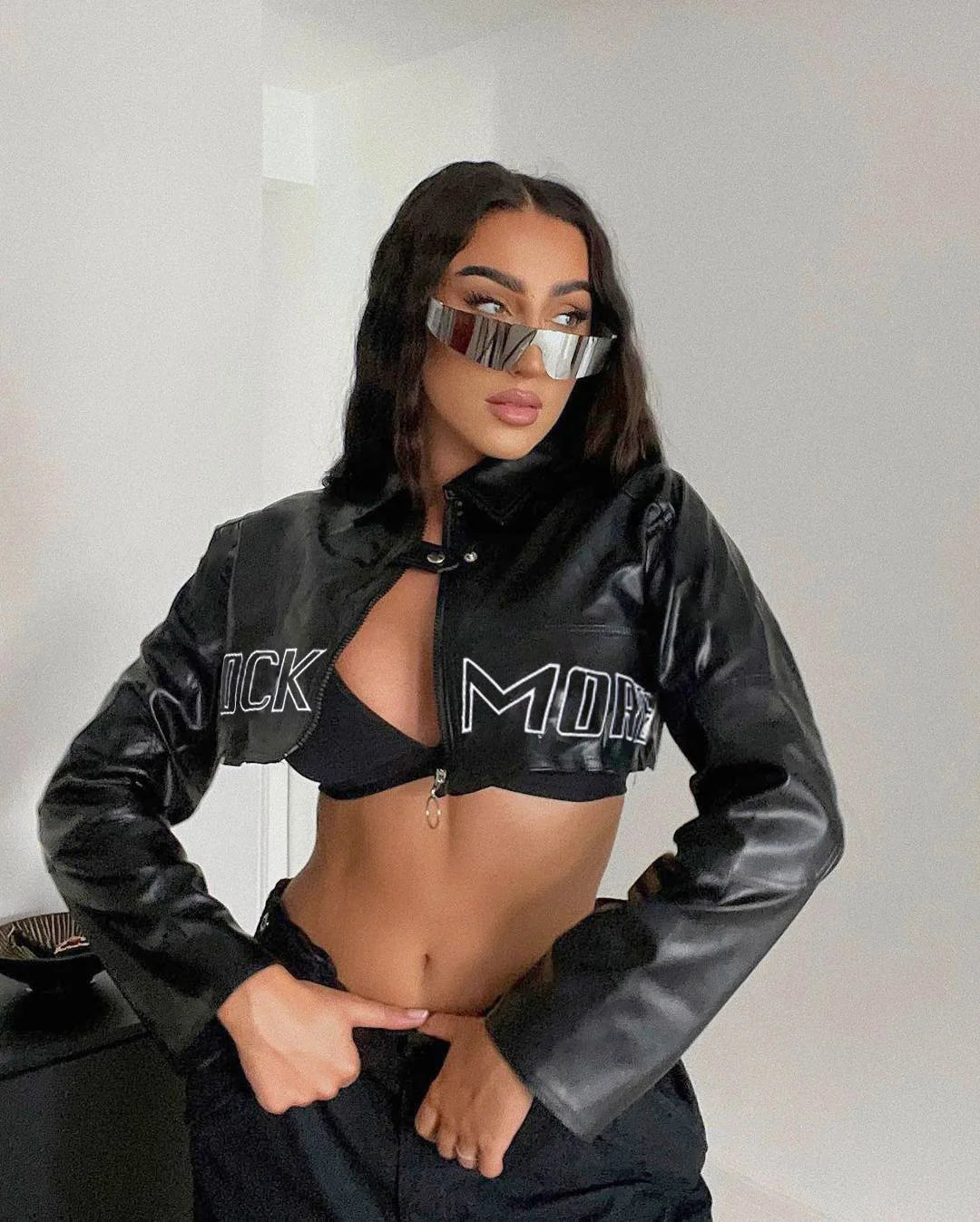 FAGADOER Y2k Punk Gothic Leather Jacket Women Cropped Lapel Letter Embroidery Moto Jackets Coat Short Female Streetwear New