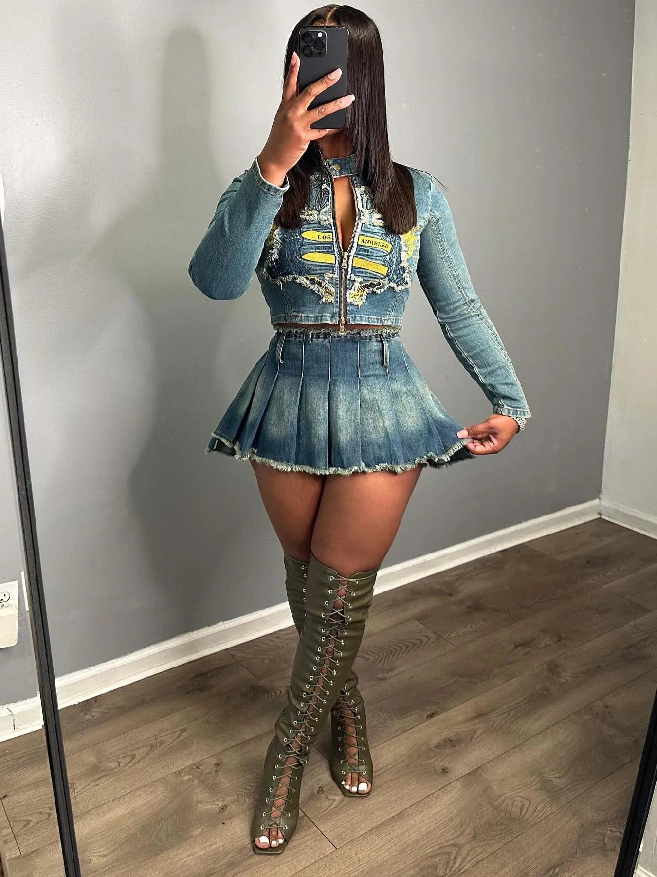 CM.YAYA Denim Women's Set Letter Embroidery Full Sleeve Jacket and Pleated Skirts Suits Streetwear Sexy Two 2 Piece Set Outfits