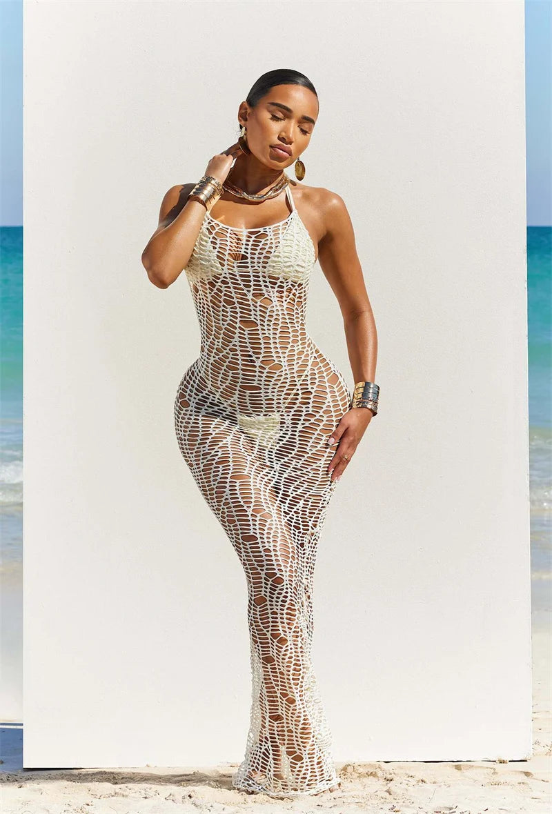 Women 3 Pieces Sexy Beach Bikini Set Backless Hollow Out Hole Knit Long Dress Cover Up+Lace Up Halter Bra Top+Underwear Swimsuit