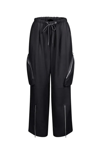CM.YAYA Women Fashion Zipper Pocket Side Zip Fly Split Hem Wide Leg Safari Style Pants 2025 Drawstring Summer Cargo Trousers