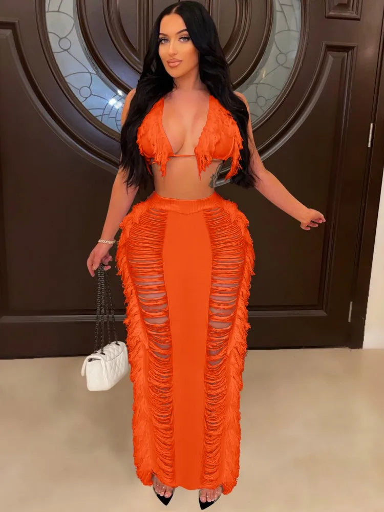 JRRY Sexy Women Knitted Set Halter Backless Crop Top Tassel Skirt Crochet Two Pieces Set Hollow Out Crocheted Beach Dress Set