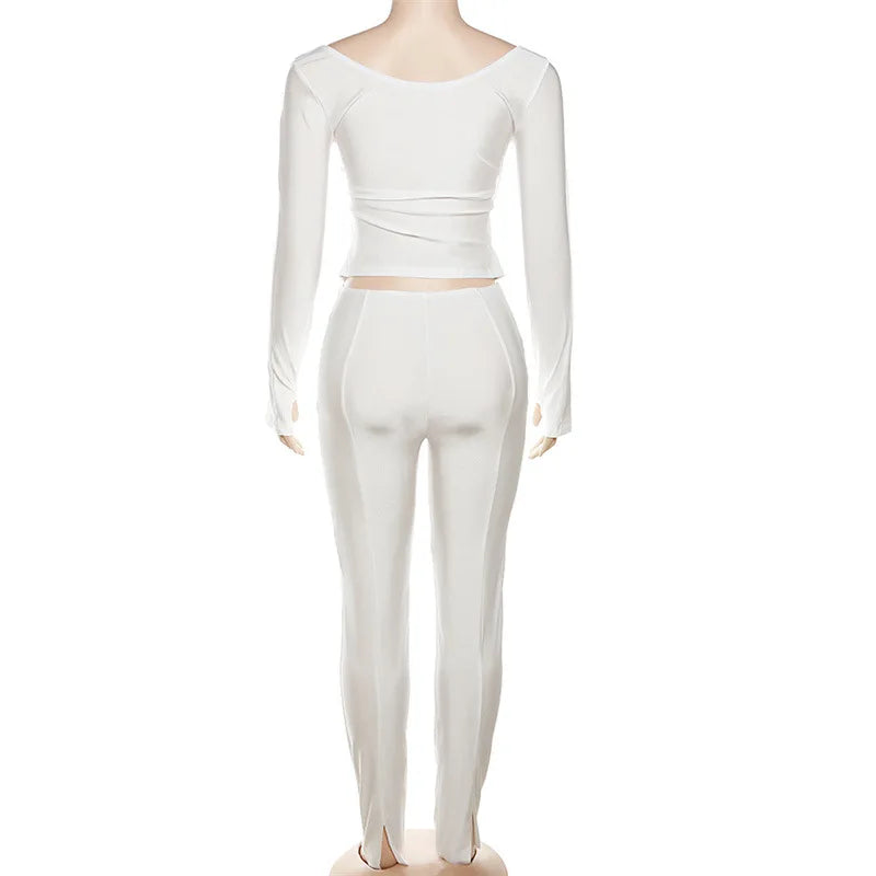 Simenual Casual Skinny Women Two Piece Set Sexy Deep V Crop Tops High Waist Pants Cyber Y2K Outfits Slim Co Ord Suits Streetwear