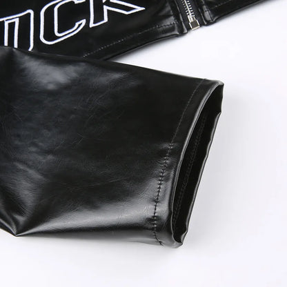 FAGADOER Y2k Punk Gothic Leather Jacket Women Cropped Lapel Letter Embroidery Moto Jackets Coat Short Female Streetwear New