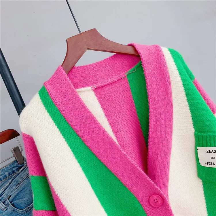 Joskaa Striped Patchwork Knitted Cardigan Women V-Neck Long Sleeve Single Breasted Sweater Coat Autumn 2023 Outwear Streetwear