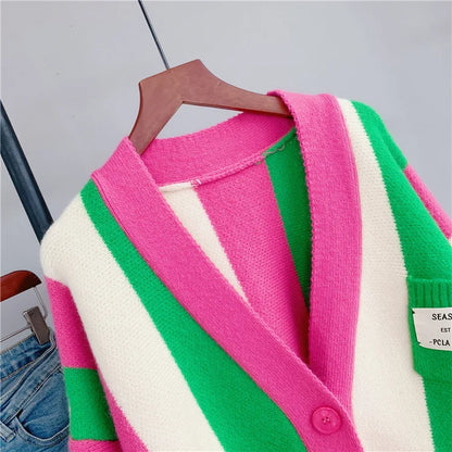 Joskaa Striped Patchwork Knitted Cardigan Women V-Neck Long Sleeve Single Breasted Sweater Coat Autumn 2023 Outwear Streetwear