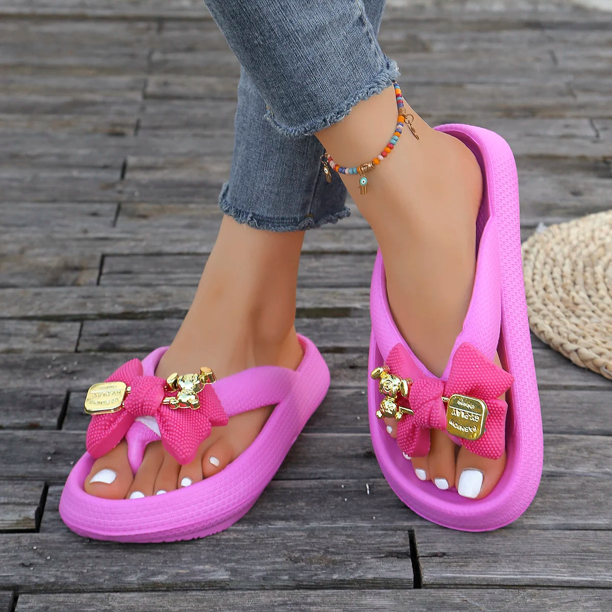 Summer Women Multi-Color Flip Flops Fashion Metallic Teddy Bear Bow Slide Sandal Beach Vacation Home shower Versatile Footwear