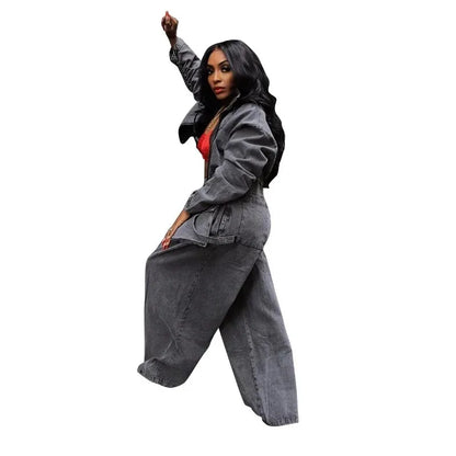 Casual Loose Denim Two Piece Set for Women Streetwear 2023 Autumn Zipper High Collar Crop Top Elastic Waist Wide Leg Cargo Pants