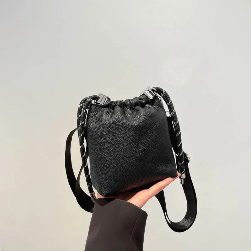 New Women's Mini Leopard Crossbody Bag Pu Leather Bucket Bag Drawstring Shoulder Bag Wide Strape Women's Bags Large Storage Bags