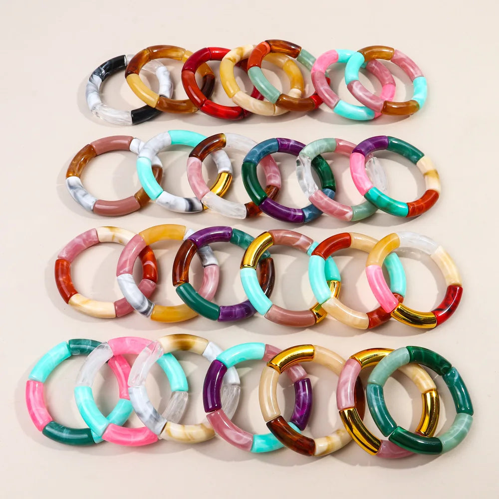 FishSheep Trendy Acrylic Stacked Bamboo Beads Bangles Bracelets for Women Bohemian Resin Elastic Beaded Bracelets Set Jewelry