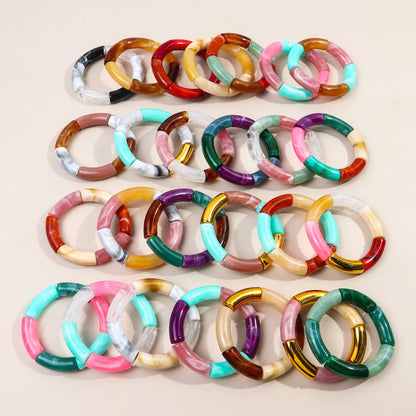 FishSheep Trendy Acrylic Stacked Bamboo Beads Bangles Bracelets for Women Bohemian Resin Elastic Beaded Bracelets Set Jewelry