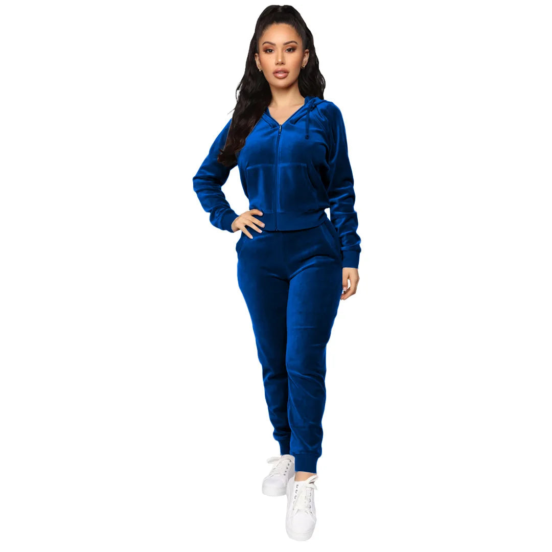 Women Pant Sets Comfortable Velvet Matching Sets Two Piece Set Autumn Loose Zipper Hoodie Jacket Elastic Waist Skinny Pants Sets