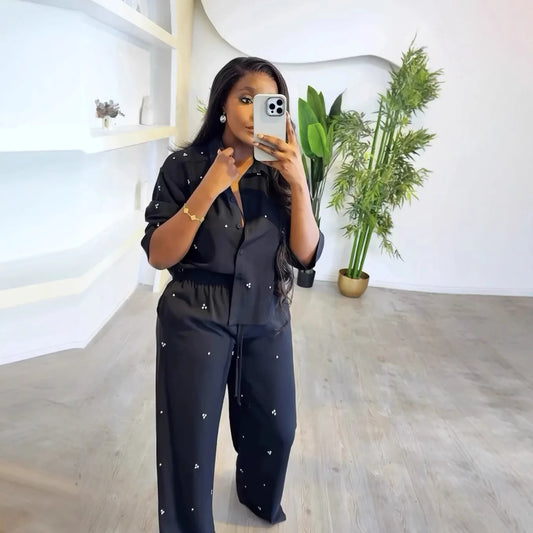 Women Sets Single Breasted Blouses Turn Down Collar Tops Two Pieces Diamonds Ankle Length Straight Pant Pockets Casual Loose
