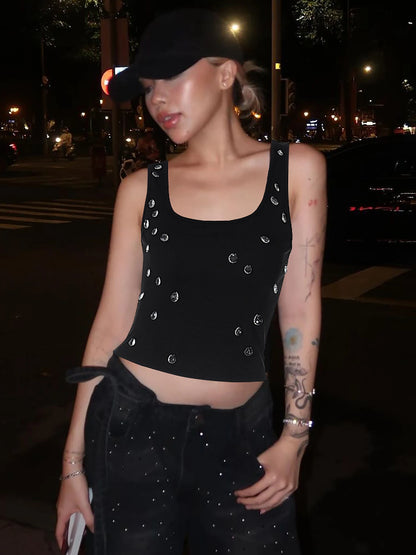 Dulzura Ribbed Sleeveless Water Droplets Diamond Decorated Tank Sexy Casual Bodycon Top Party Club Streetwear Spring Summer