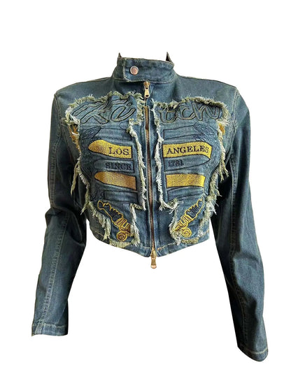 CM.YAYA Denim Women's Set Letter Embroidery Full Sleeve Jacket and Pleated Skirts Suits Streetwear Sexy Two 2 Piece Set Outfits