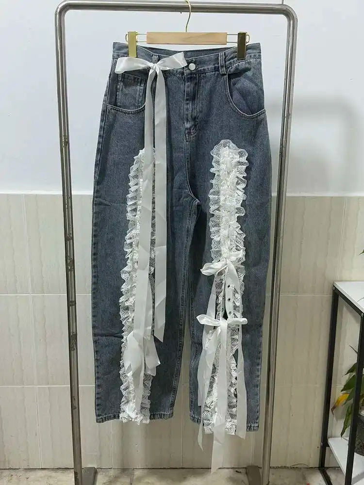 DEAT Women's Fashion Retro Lace Patchwork Denim Long Pants High Waist Wide Leg Jeans Female 2024 Arrival Winter New 11A02128