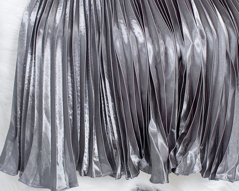Women's Fashion Pleated Mermaid Long Skirt Korean Style Casual High Waist Satin Flowy Skirts Shiny 19 Colors 2024 Spring SK500