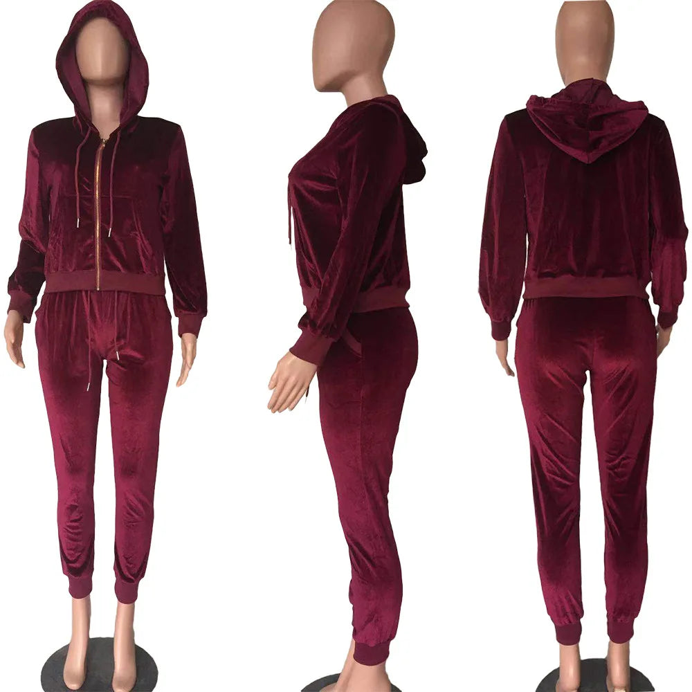 Women Pant Sets Comfortable Velvet Matching Sets Two Piece Set Autumn Loose Zipper Hoodie Jacket Elastic Waist Skinny Pants Sets