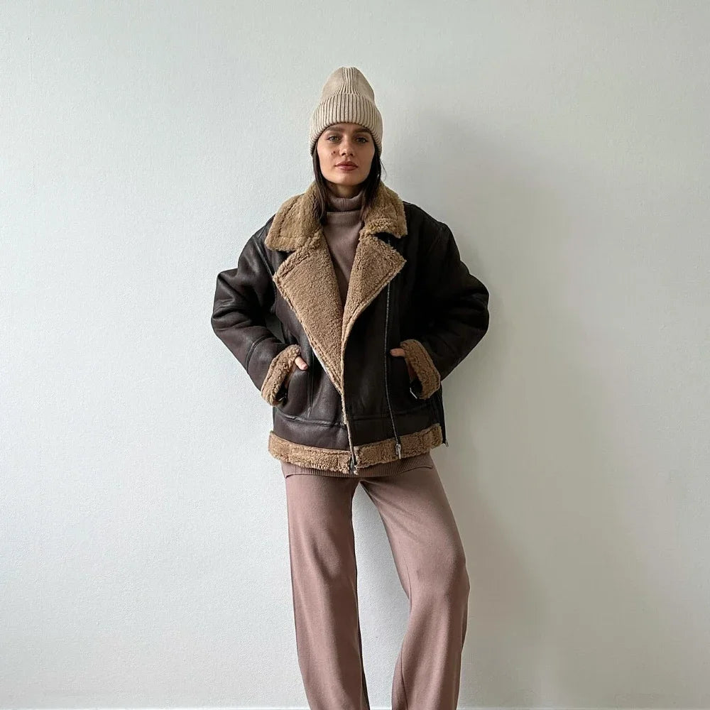 Winter Women Warm Coats Thick Faux Leather Jacket Vintage Lapel Long Sleeve Zipper Overcoat Fashion Loose Oversize Coats Female