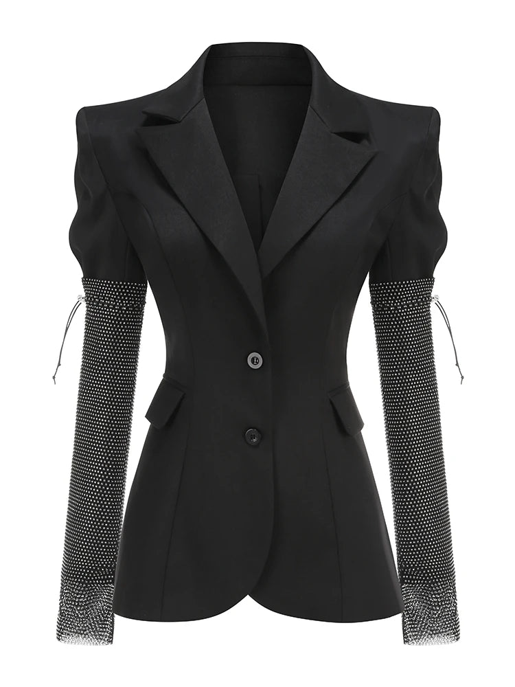 Sexy V Neck Long Sleeve Blazer With Rhinestone Sleeve Women Black Diamond Patchwork Slim Jacket Evening Party Club Cocktail Coat