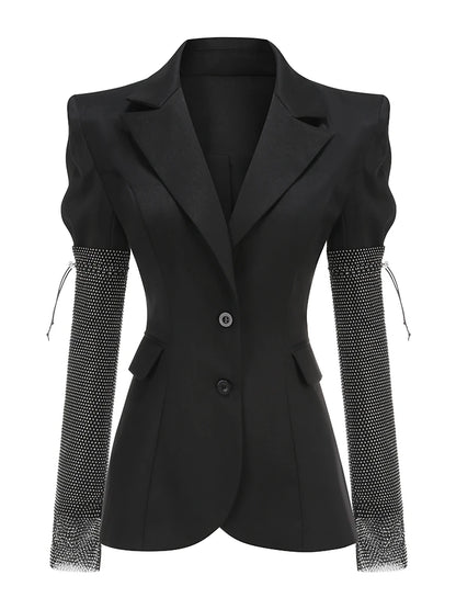 Sexy V Neck Long Sleeve Blazer With Rhinestone Sleeve Women Black Diamond Patchwork Slim Jacket Evening Party Club Cocktail Coat