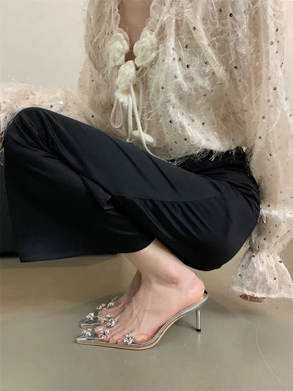 Eilyken Sexy Glitter Crystal PVC Transparent Women Pumps Thin Heels Party Prom Pointed Toe Slingbacks Shoes