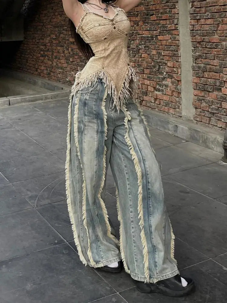 Vintage Women Washed Y2K Baggy Japanese 2000s Denim Trouser Casual Tassels Pants Female Street Trashy Retro High Waist Jeans