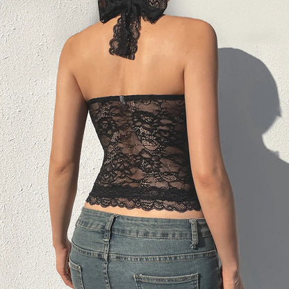 Women's Halter Crop Tops Stylish Solid Sheer Lace Floral Pattern Sleeveless Lace Tank Tops Perfect for Summer Halter Neck Tops